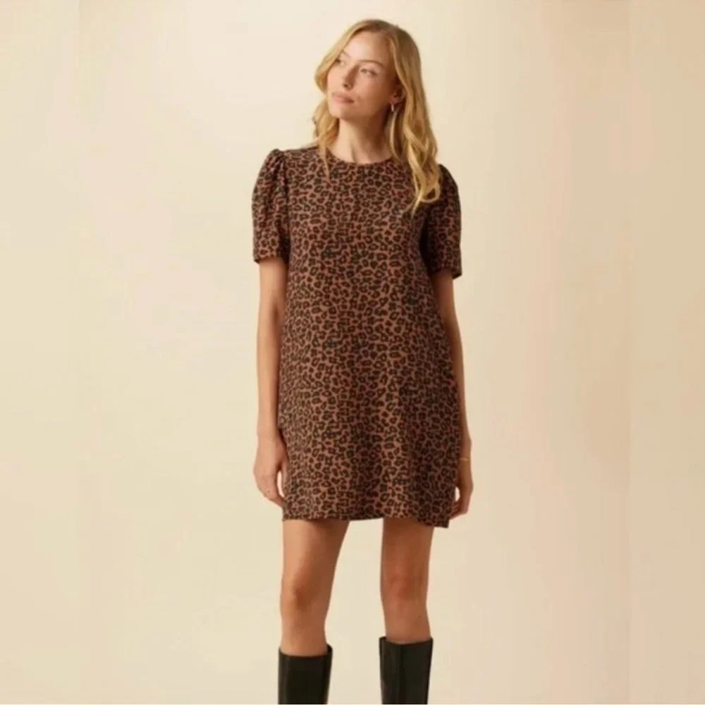 Amour Vert Silk Cheetah Print Puff Sleeve Dress Brown Black Small Classic Office